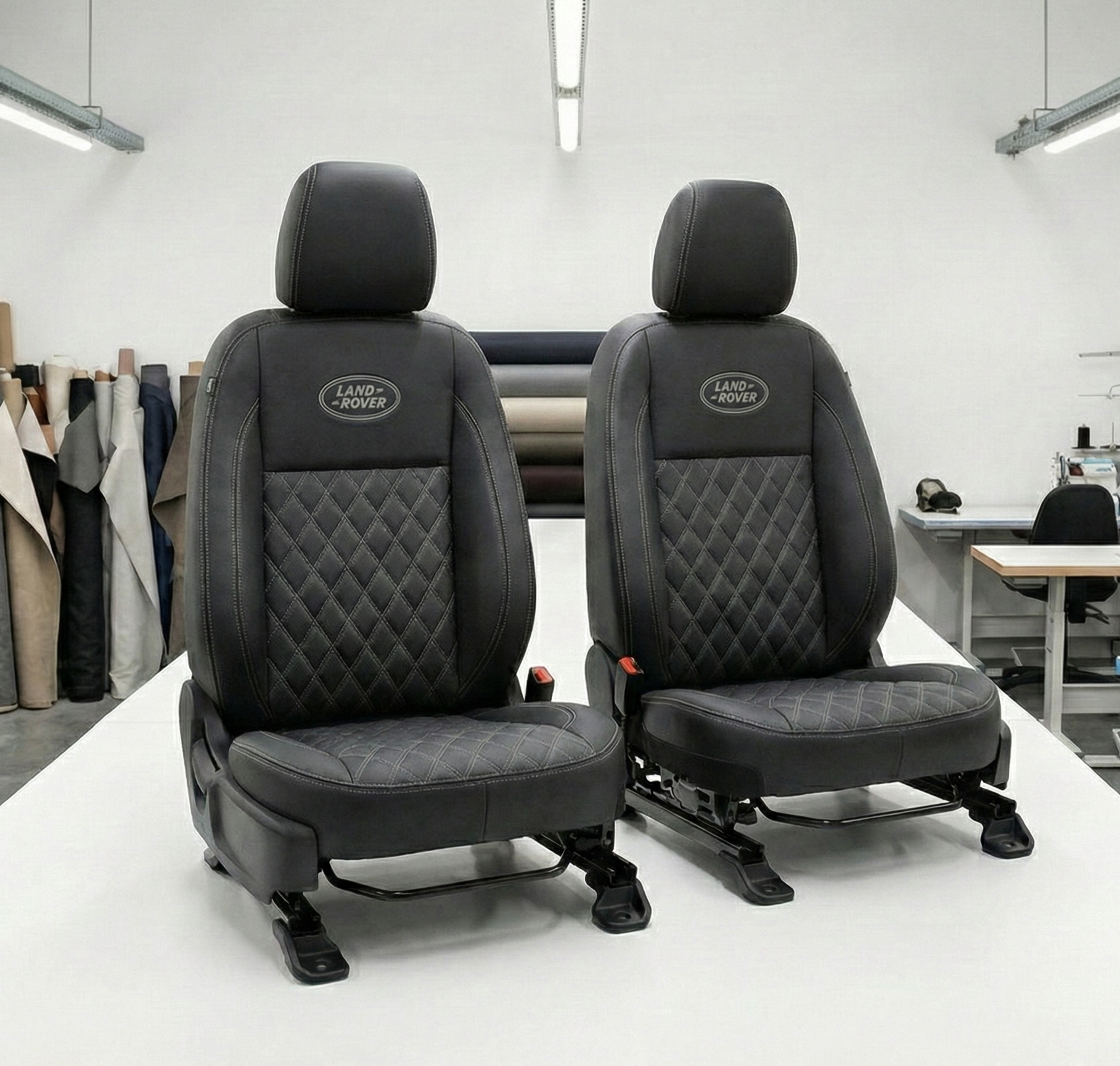 Land Rover Defender seats side view upholstery Blue Note Upholstery